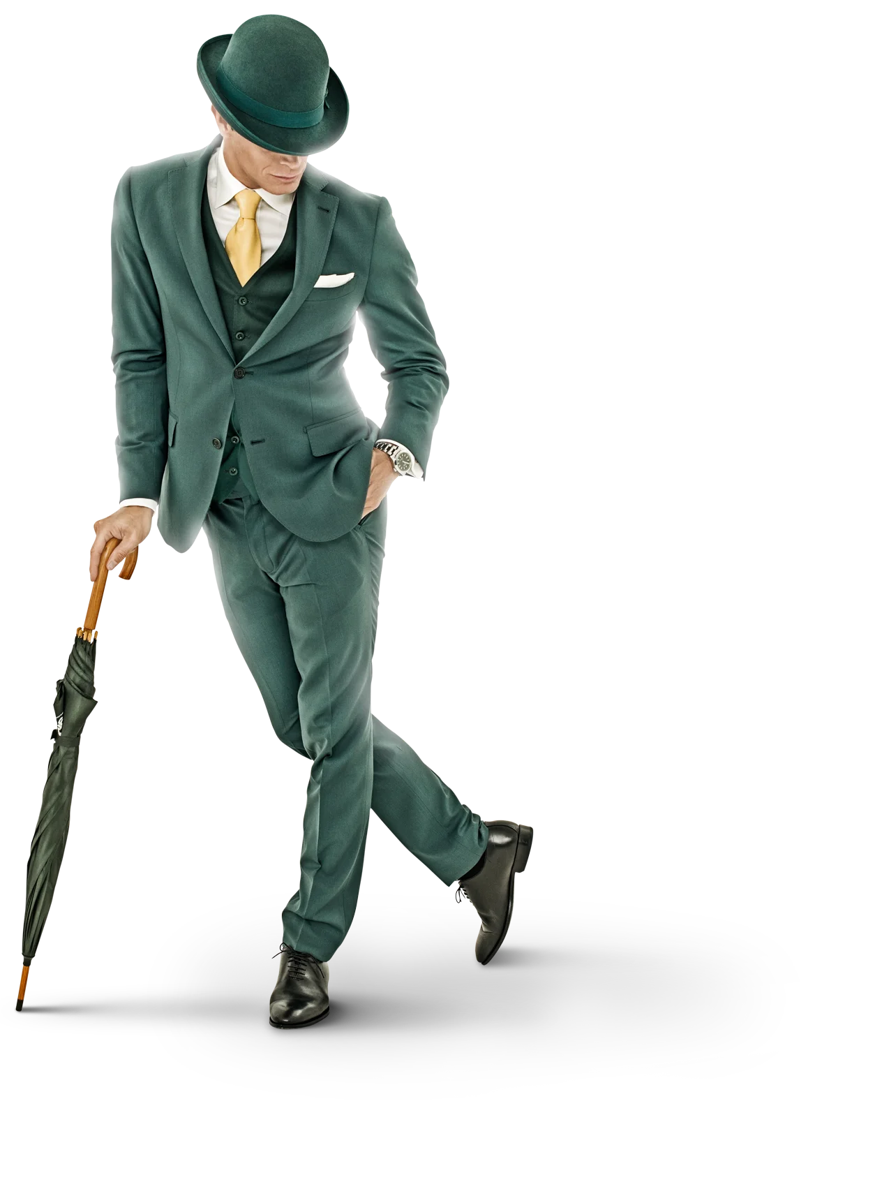 Mr Green Character stand with an umbrella